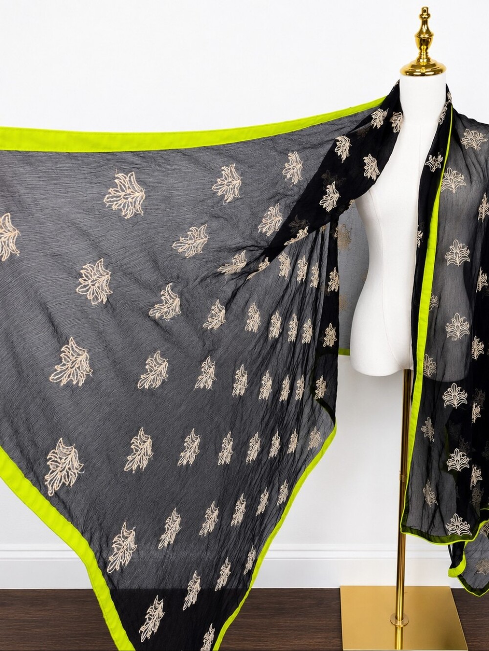 Oversized Sheer Embroidered Wrap Shawl Scarf Neon Trim Resort Beach Cover Up